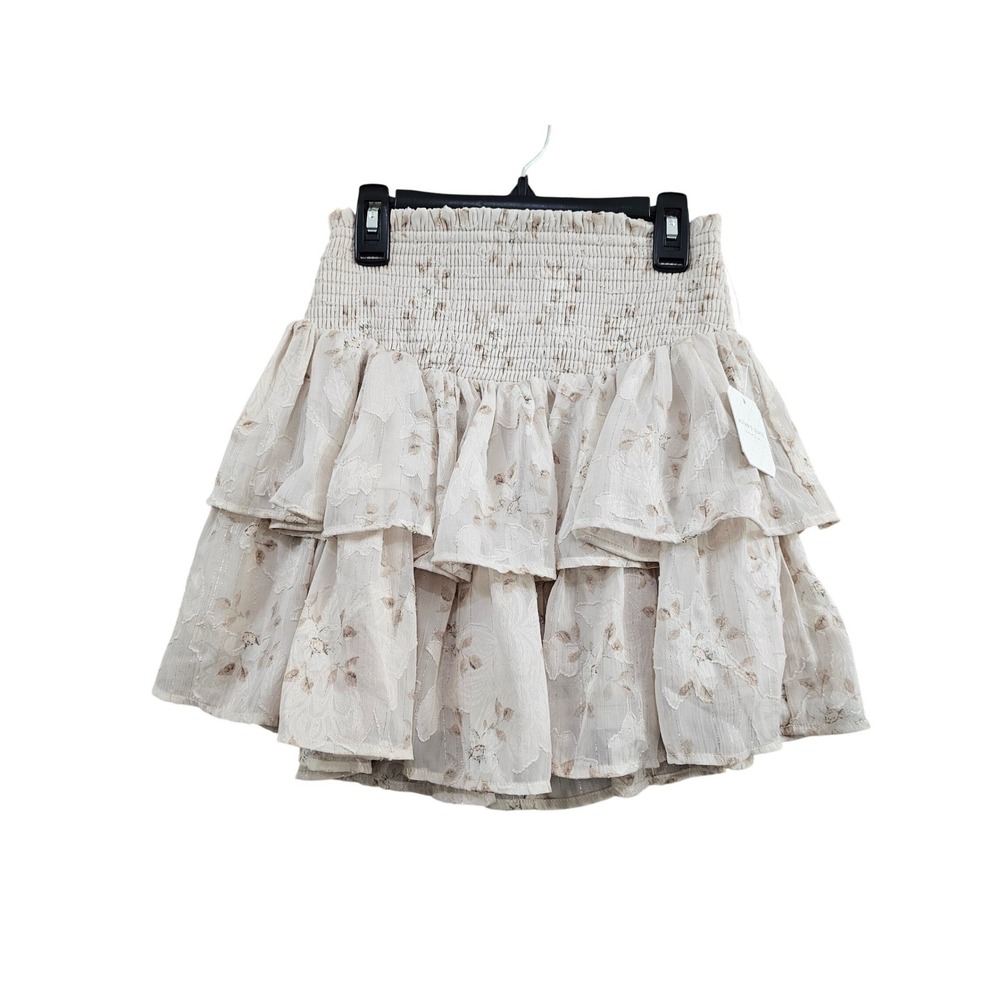 Altar'd State Ruffle Tiered Skirt Womens Medium Cream Floral Smocked Mini Boho